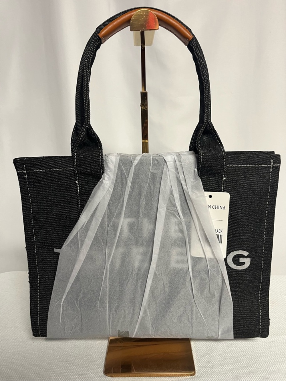 Denim Fashion Tote Bag with Contrast Brown Leather Top Handles - 13x10.5x5 - Picture 2 of 7